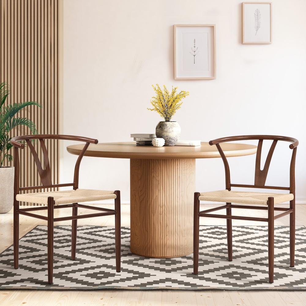 Oikiture Set of 2 Metal Wishbone Dining Chairs - Walnut